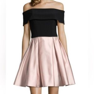 Women’s Satin Off The Shoulder Mini Dress from Betsy & Adam in Black/Pink.